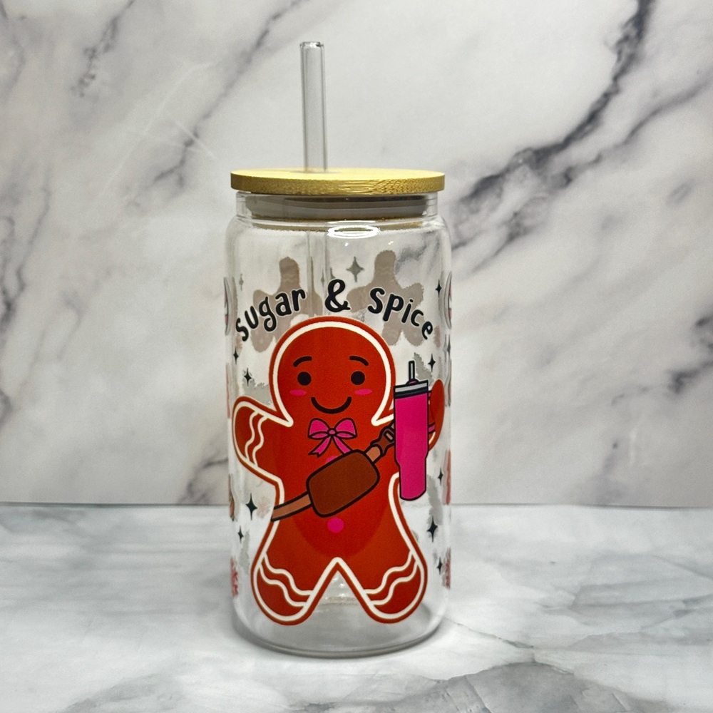 Charming Gingerbread Man Glass Tumbler with Straw